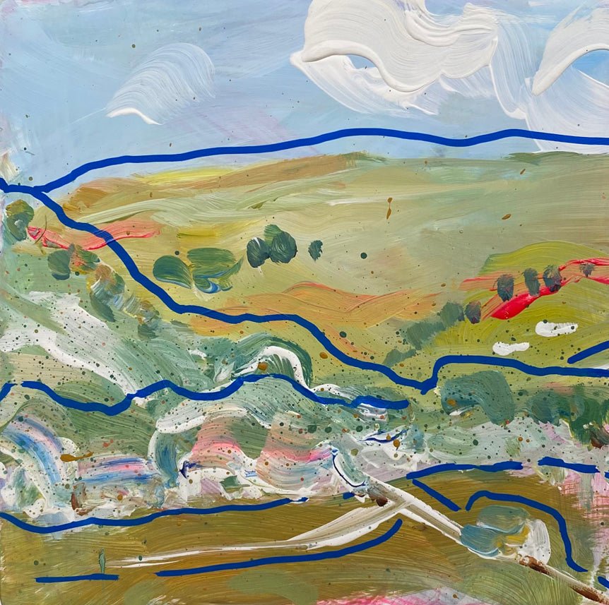 Mini abstract triptych painted with chalk paint and acrylic on a 12 x 12cm gesso block, featuring free-flowing blue lines and expressive strokes in white, green-blue, pink, and earth tones, mounted on watercolor paper and framed in a 15 x 15cm white wooden float frame.