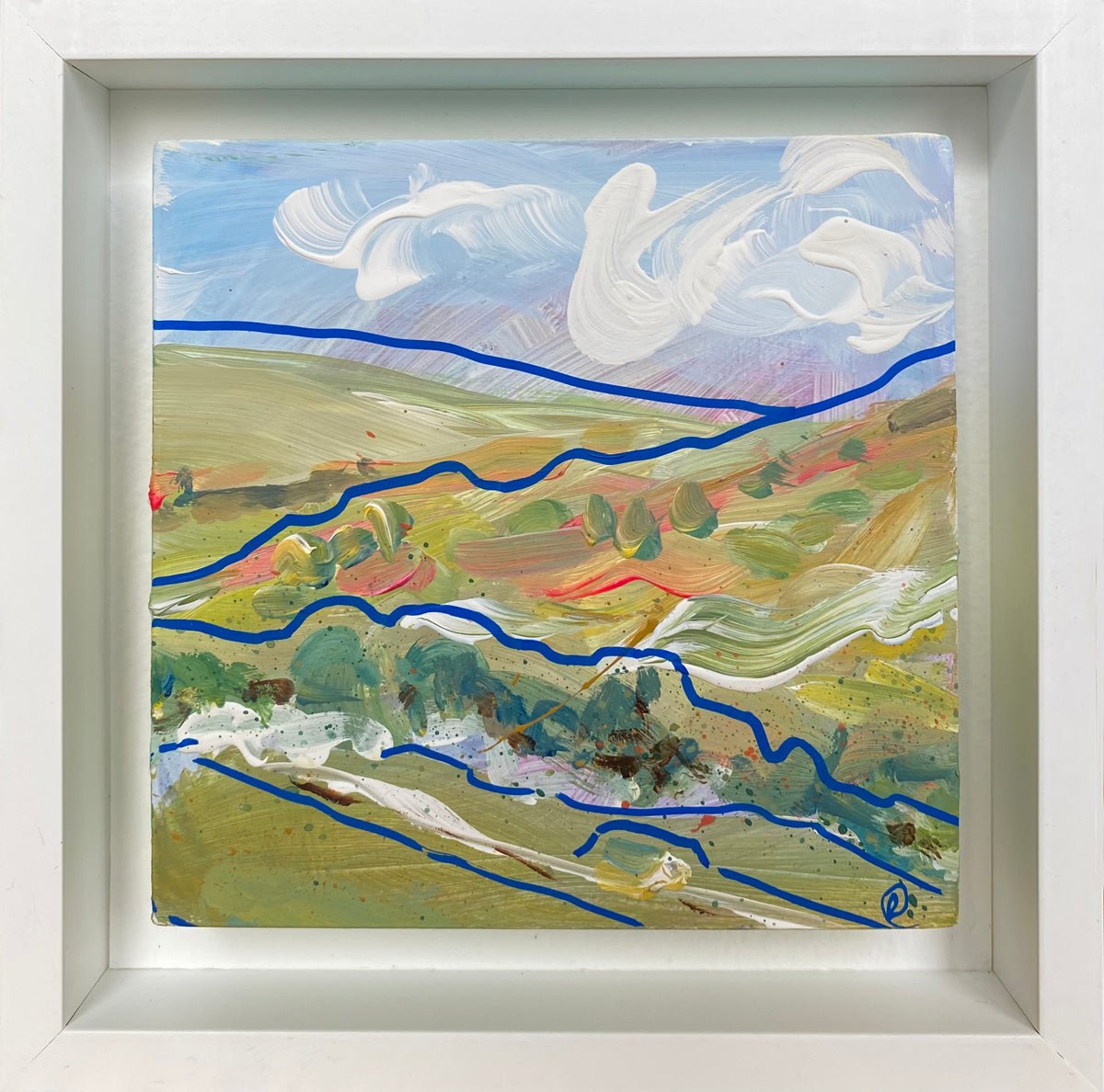 Mini abstract triptych painted with chalk paint and acrylic on a 12 x 12cm gesso block, featuring free-flowing blue lines and expressive strokes in white, green-blue, pink, and earth tones, mounted on watercolor paper and framed in a 15 x 15cm white wooden float frame.