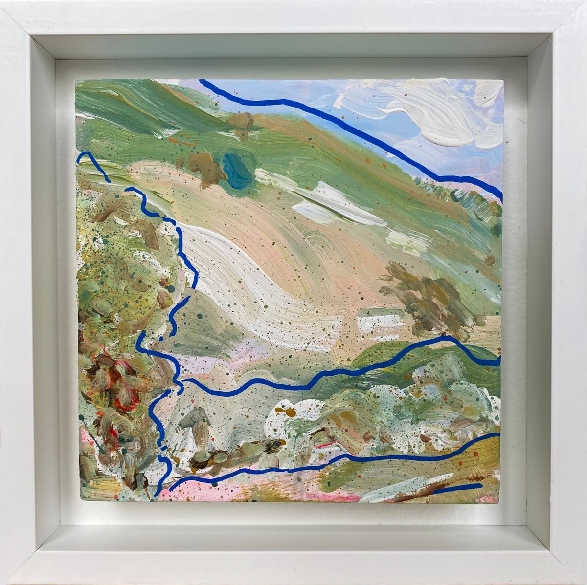 Mini abstract triptych painted with chalk paint and acrylic on a 12 x 12cm gesso block, featuring free-flowing blue lines and expressive strokes in white, green-blue, pink, and earth tones, mounted on watercolor paper and framed in a 15 x 15cm white wooden float frame.