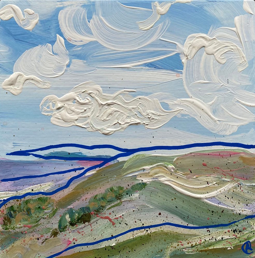 Mini abstract landscape triptych inspired by the Yorkshire Dales, painted directly on gesso block with chalk paint and acrylic in blues, white, purple, and pink, featuring fast-flowing blue lines, framed in a 15 x 15cm painted white wooden float frame.