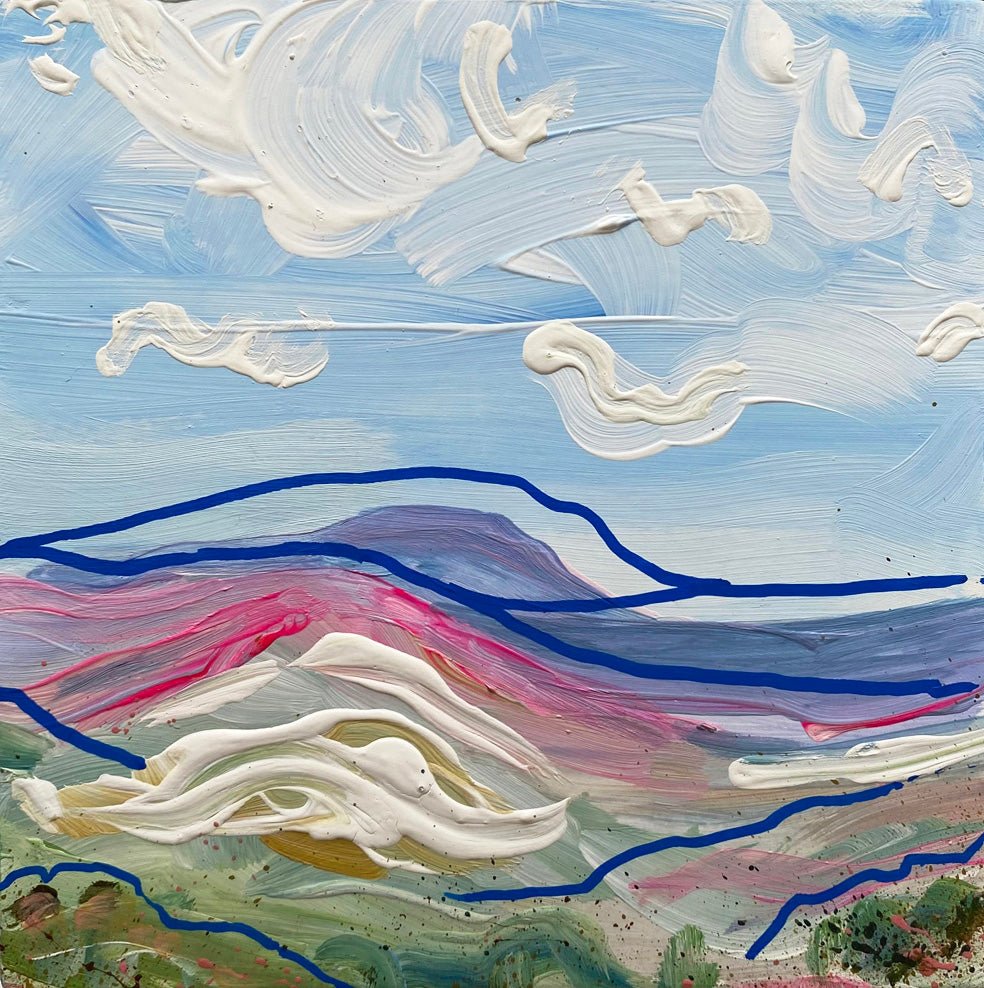 Mini abstract landscape triptych inspired by the Yorkshire Dales, painted directly on gesso block with chalk paint and acrylic in blues, white, purple, and pink, featuring fast-flowing blue lines, framed in a 15 x 15cm painted white wooden float frame.