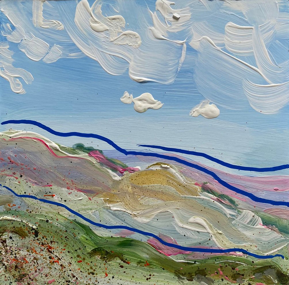 Mini abstract landscape triptych inspired by the Yorkshire Dales, painted directly on gesso block with chalk paint and acrylic in blues, white, purple, and pink, featuring fast-flowing blue lines, framed in a 15 x 15cm painted white wooden float frame.