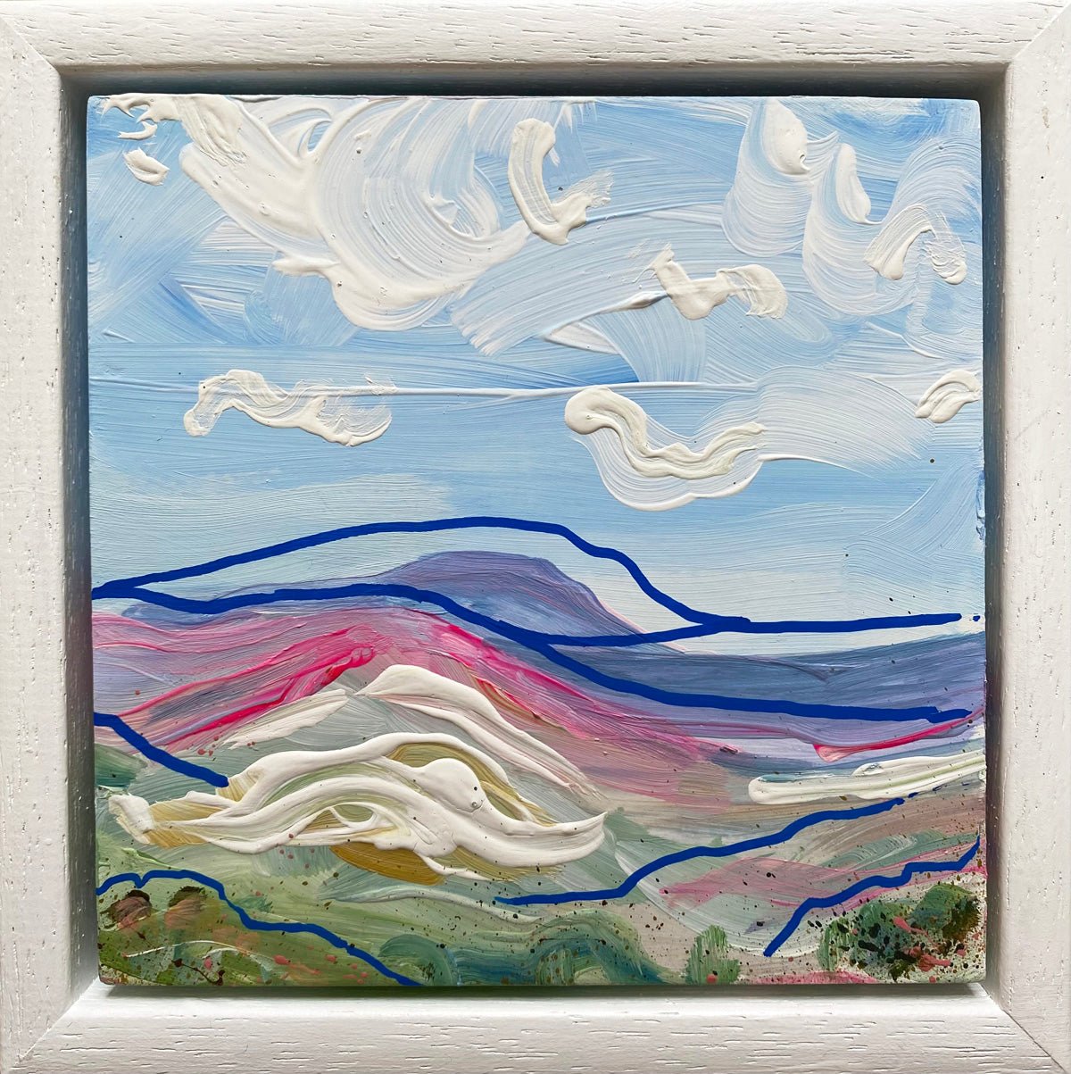 Mini abstract landscape triptych inspired by the Yorkshire Dales, painted directly on gesso block with chalk paint and acrylic in blues, white, purple, and pink, featuring fast-flowing blue lines, framed in a 15 x 15cm painted white wooden float frame.