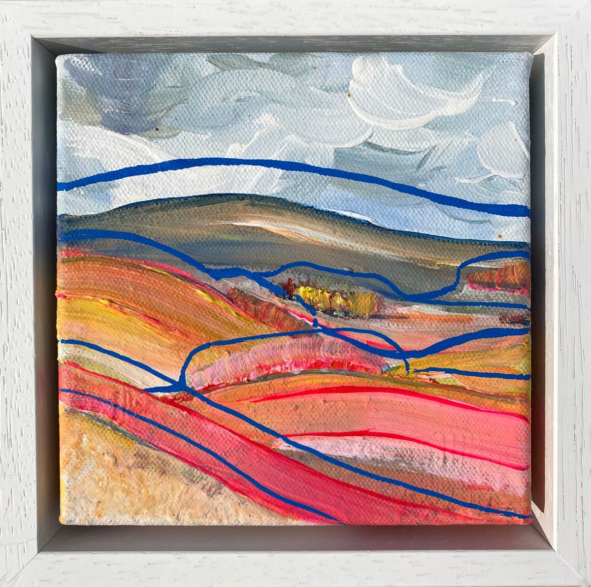 15 x 15cm abstract landscape painting inspired by the Yorkshire Dales National Park, featuring sweeping brushstrokes in yellow, pink, white, grey, and blue acrylic, framed in a 4cm deep painted wooden frame; expressive, free-flowing, and full of movement.