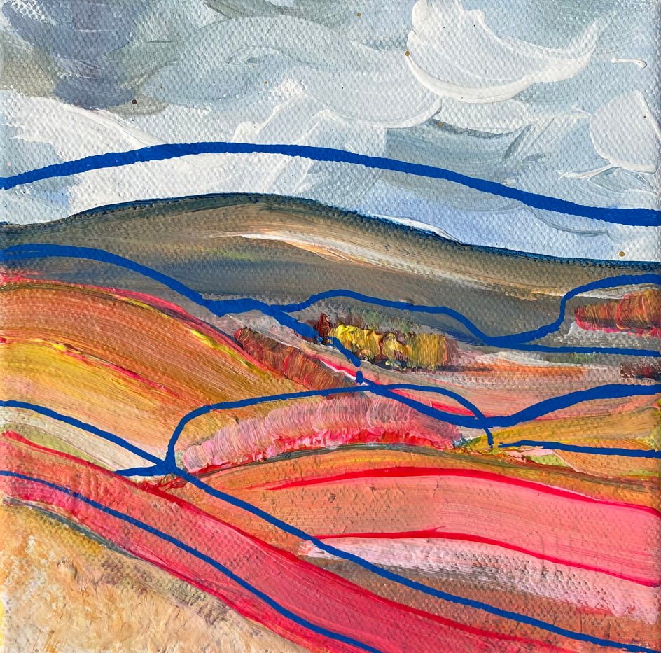 15 x 15cm abstract landscape painting inspired by the Yorkshire Dales National Park, featuring sweeping brushstrokes in yellow, pink, white, grey, and blue acrylic, framed in a 4cm deep painted wooden frame; expressive, free-flowing, and full of movement.