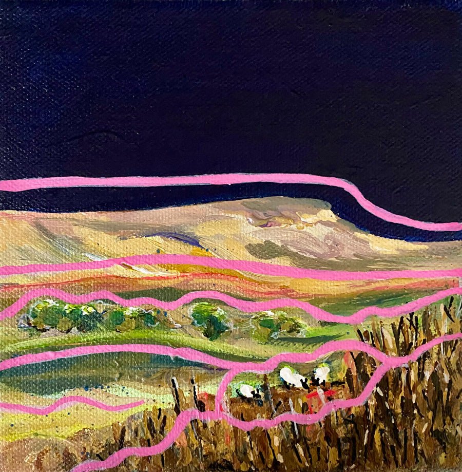 Bold contemporary mini landscape painting on 15 x 15cm canvas with navy blue background, vibrant pink lines, and sheep figures. Modern rural artwork inspired by the Yorkshire Dales.