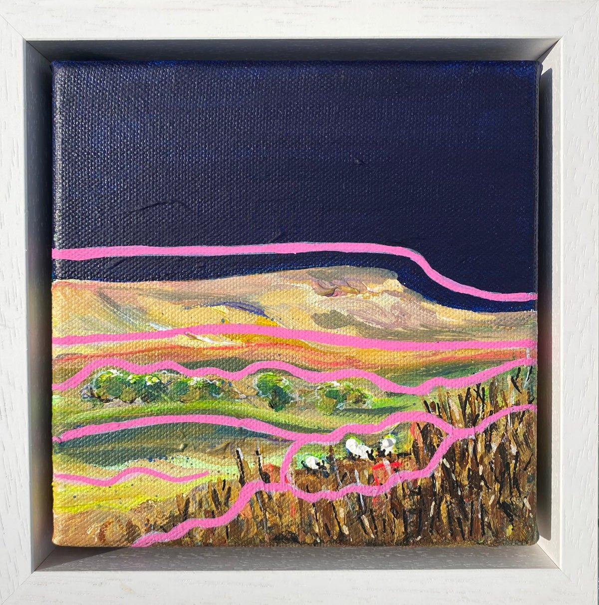 Bold contemporary mini landscape painting on 15 x 15cm canvas with navy blue background, vibrant pink lines, and sheep figures. Modern rural artwork inspired by the Yorkshire Dales.