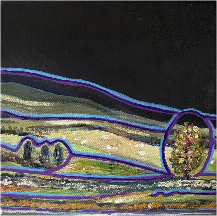 Abstract landscape painting by Rebecca Carr featuring a navy blue background with flowing purple and blue lines, acrylic on 15 x 15cm canvas.