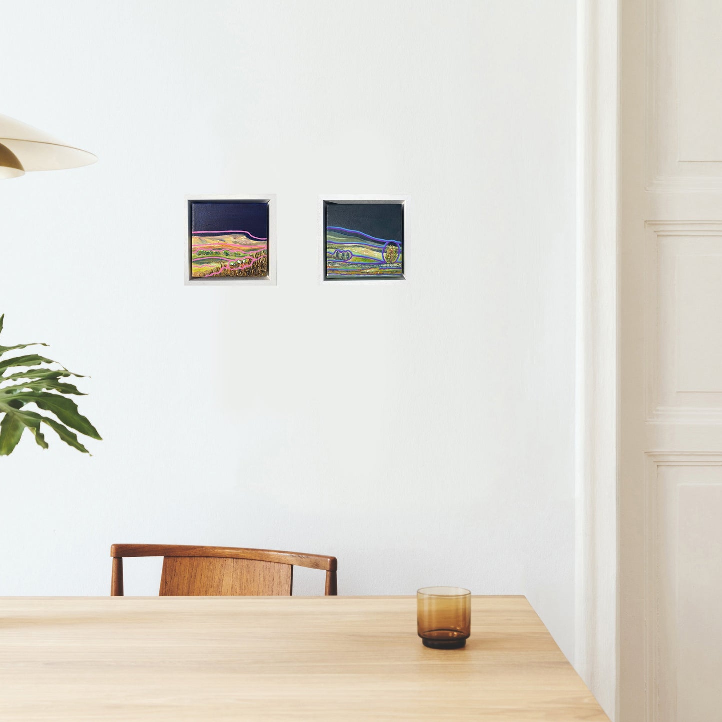 Bold contemporary mini landscape painting on 15 x 15cm canvas with navy blue background, vibrant purple and blue lines, and sheep figures. Modern rural artwork inspired by the Yorkshire Dales.