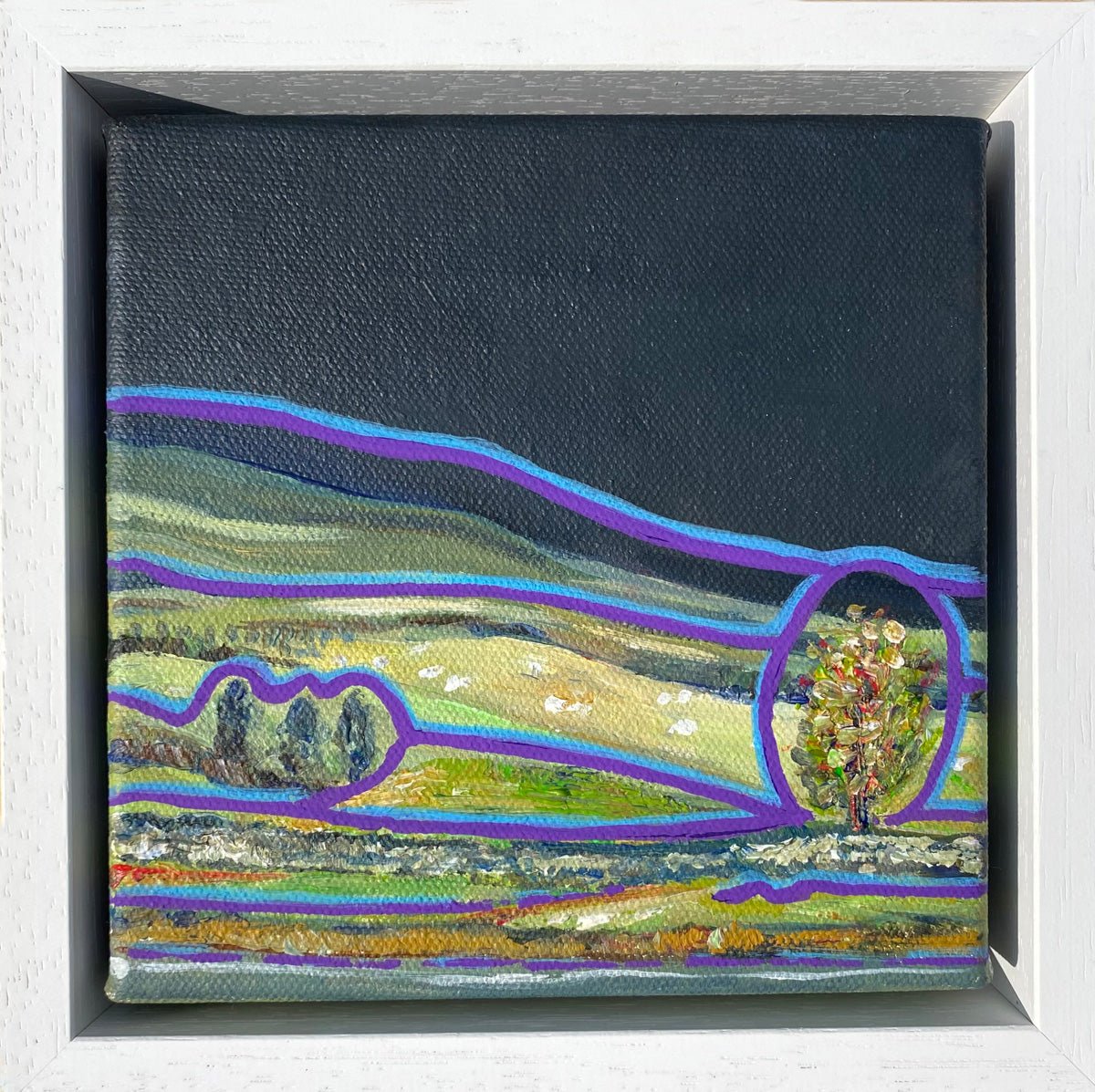 Abstract landscape painting by Rebecca Carr featuring a navy blue background with flowing purple and blue lines, acrylic on 15 x 15cm canvas.