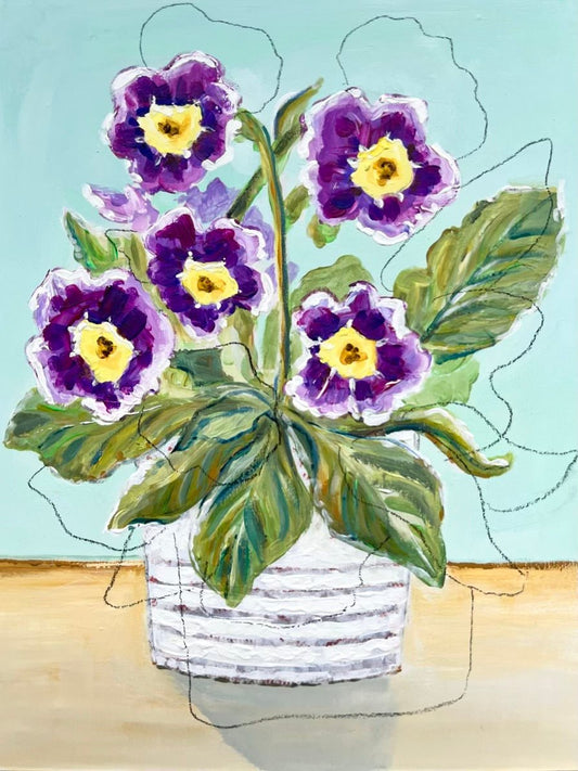 Auriculas in a rustic pot - Rebecca Carr ArtistRebecca Carr ArtistAuriculas in a rustic pot
