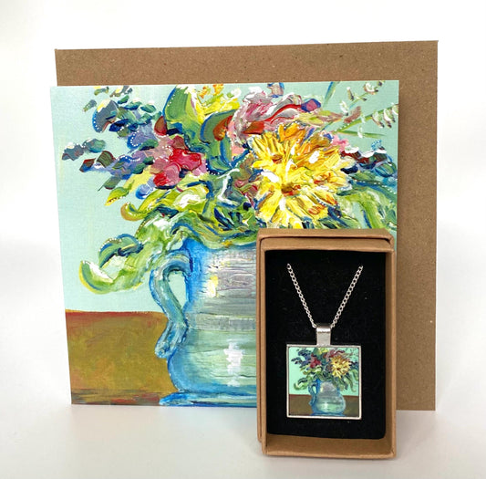 Mint and flowers card and necklace gift set