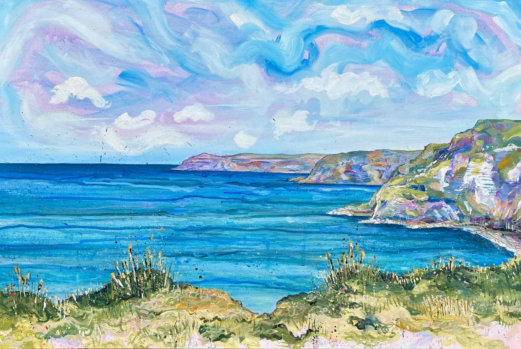 Bright, contemporary seascape of North Yorkshire coast with colourful sky, clouds, and mixed media textures