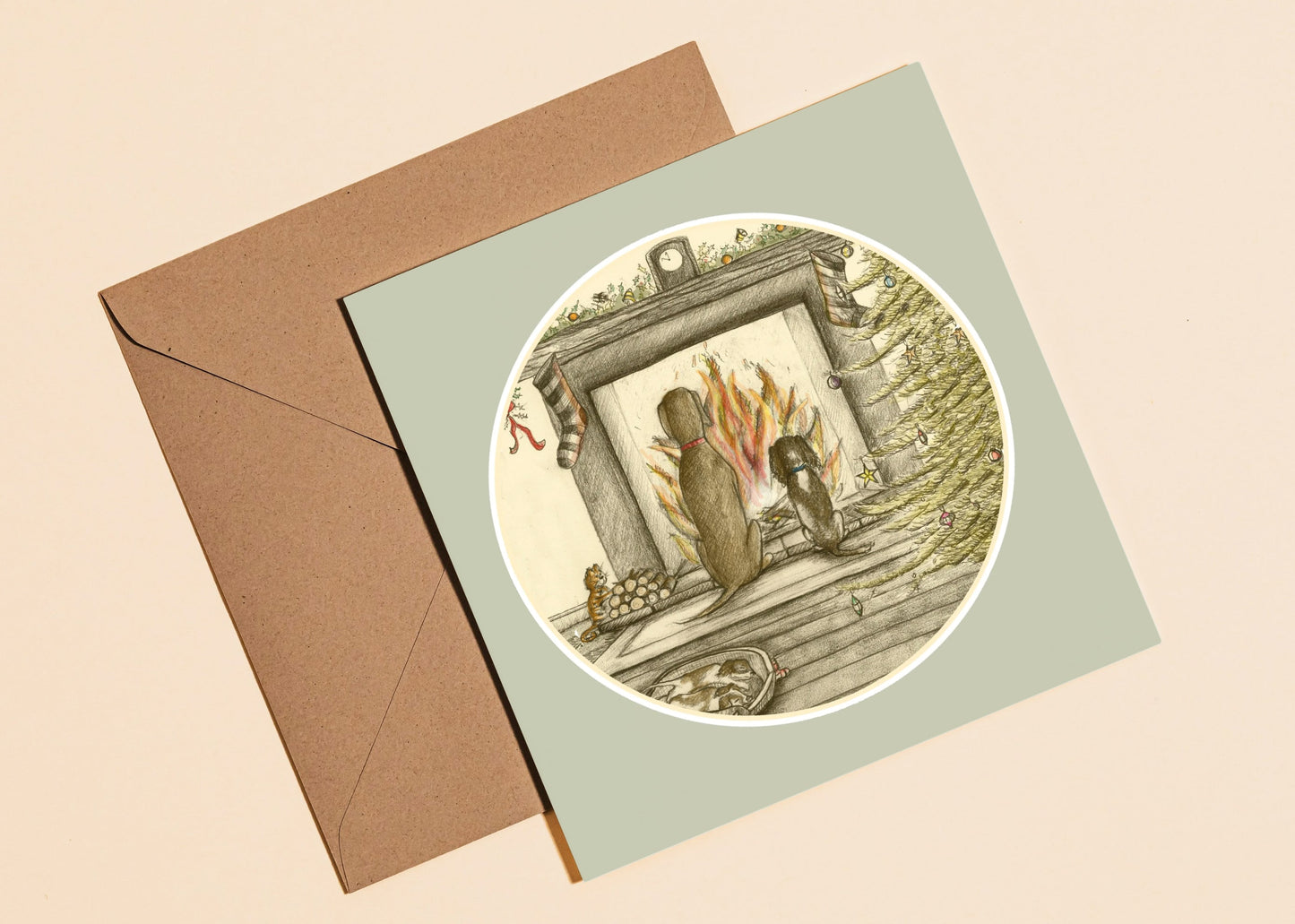 Dog by the fire place Christmas card - Rebecca Carr Artist greetings card just a card yorkshire artist