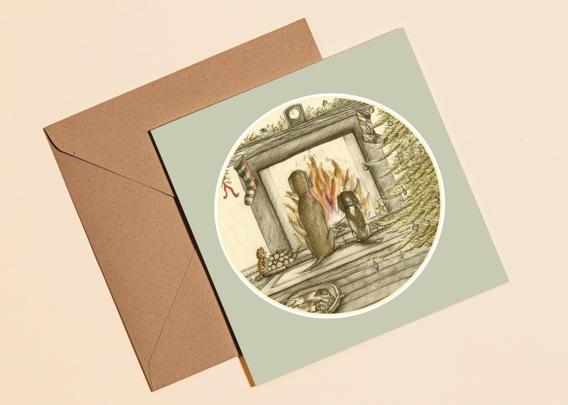 Dog by the fire place Christmas card - Rebecca Carr Artist greetings card just a card yorkshire artist