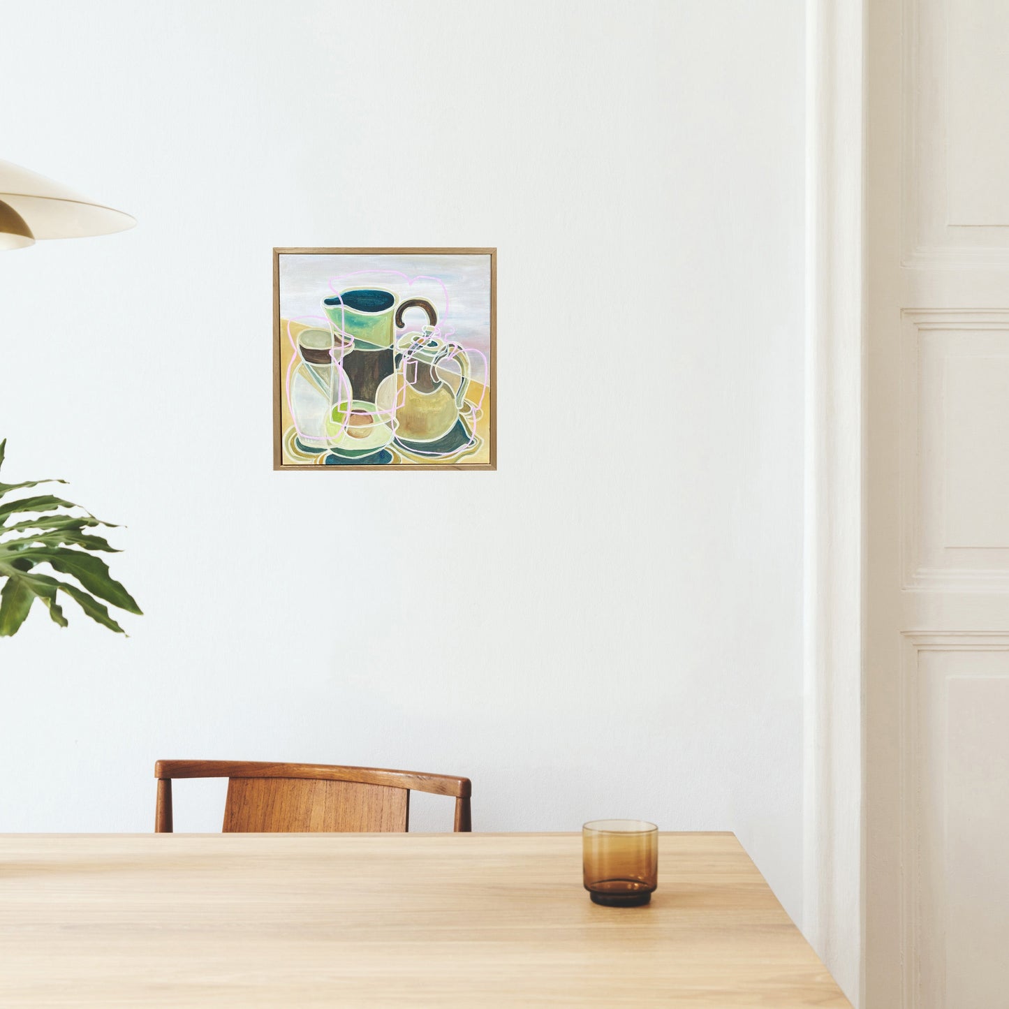 Avocado and Pottery with Pink Line” by Rebecca Carr – abstract still life featuring muted tones, soft forms, and a bold pink line connecting avocado and pottery; chalk paint and acrylic on canvas.