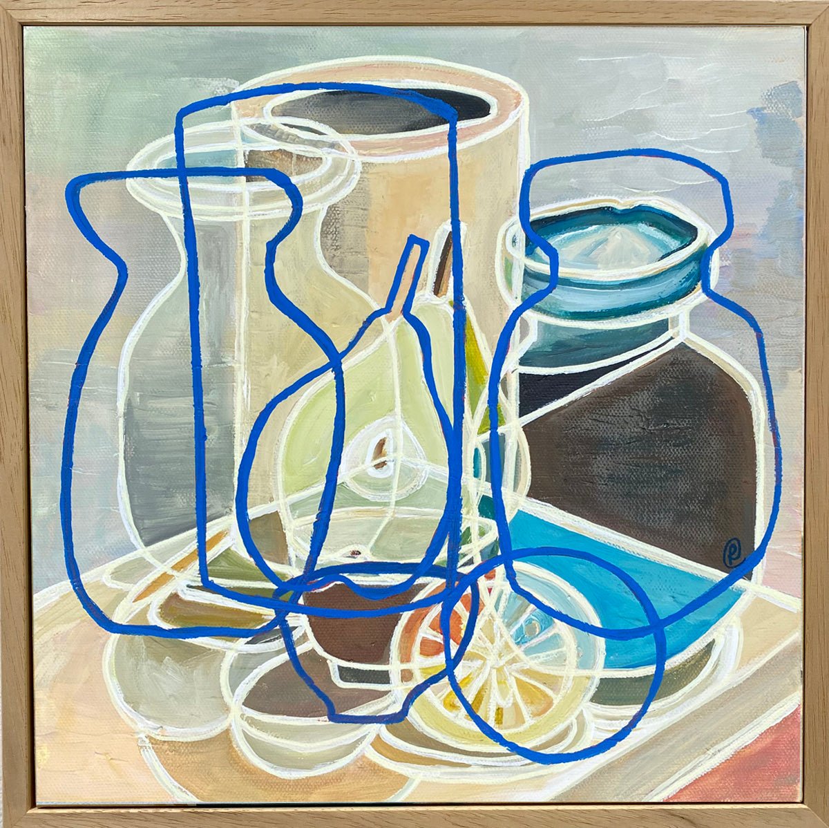 Studio Pottery with Pear and Lemon” by Rebecca Carr – abstract still life painting with pear, lemon, and pottery, featuring soft tones, blue lines, and layered perspectives; chalk paint and acrylic on canvas.