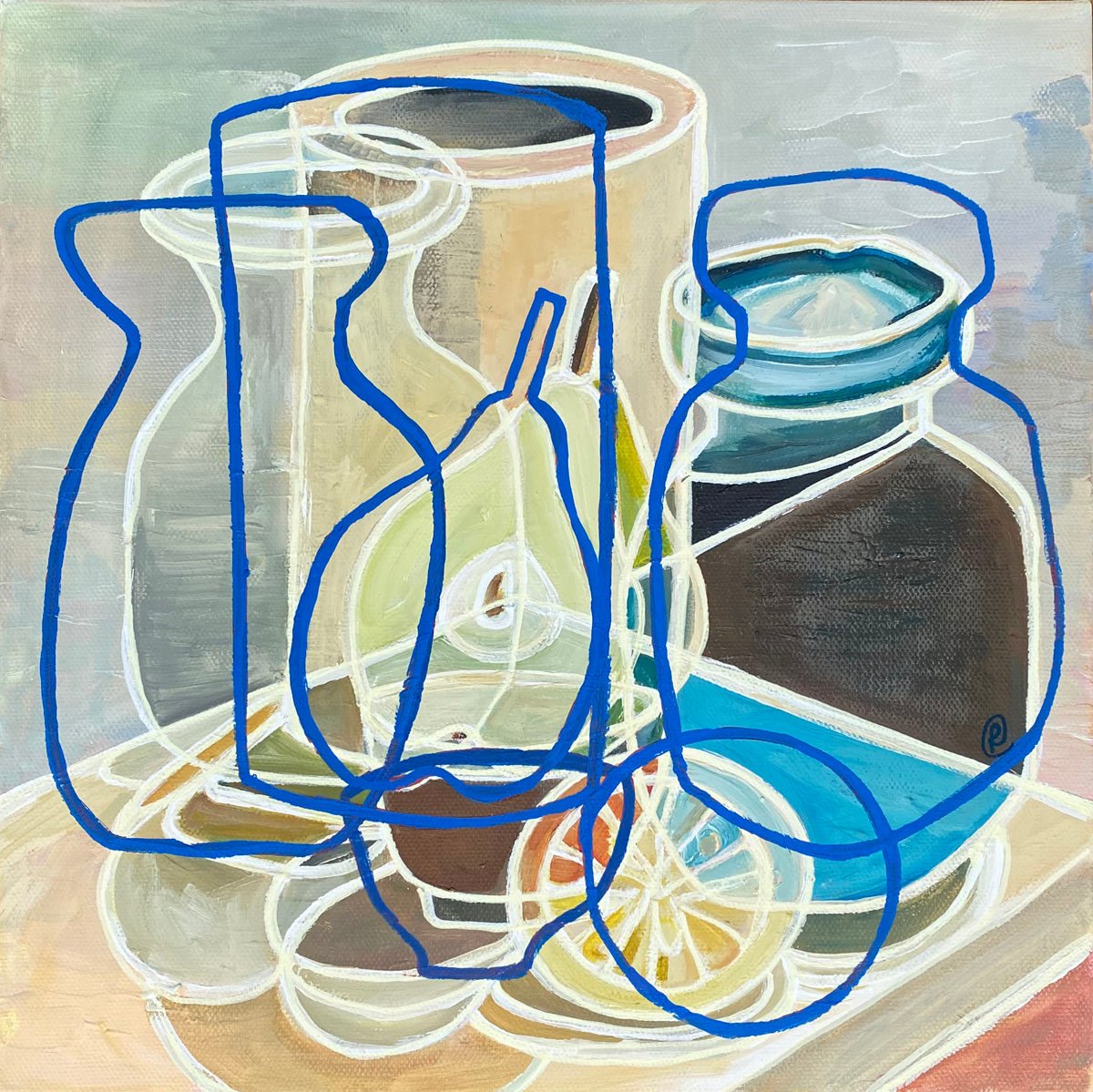 Studio Pottery with Pear and Lemon” by Rebecca Carr – abstract still life painting with pear, lemon, and pottery, featuring soft tones, blue lines, and layered perspectives; chalk paint and acrylic on canvas.