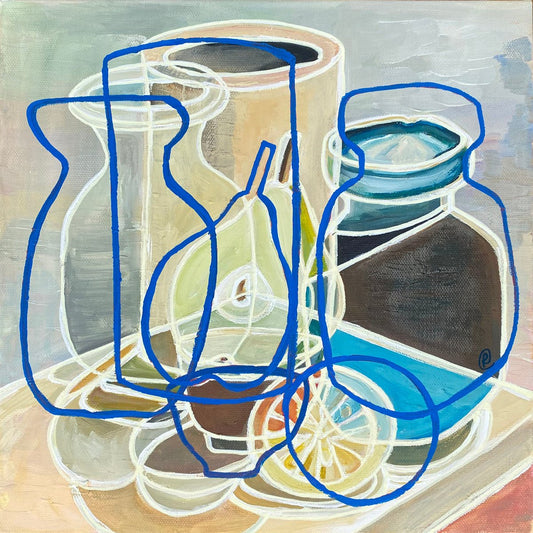 Studio Pottery with Pear and Lemon” by Rebecca Carr – abstract still life painting with pear, lemon, and pottery, featuring soft tones, blue lines, and layered perspectives; chalk paint and acrylic on canvas.