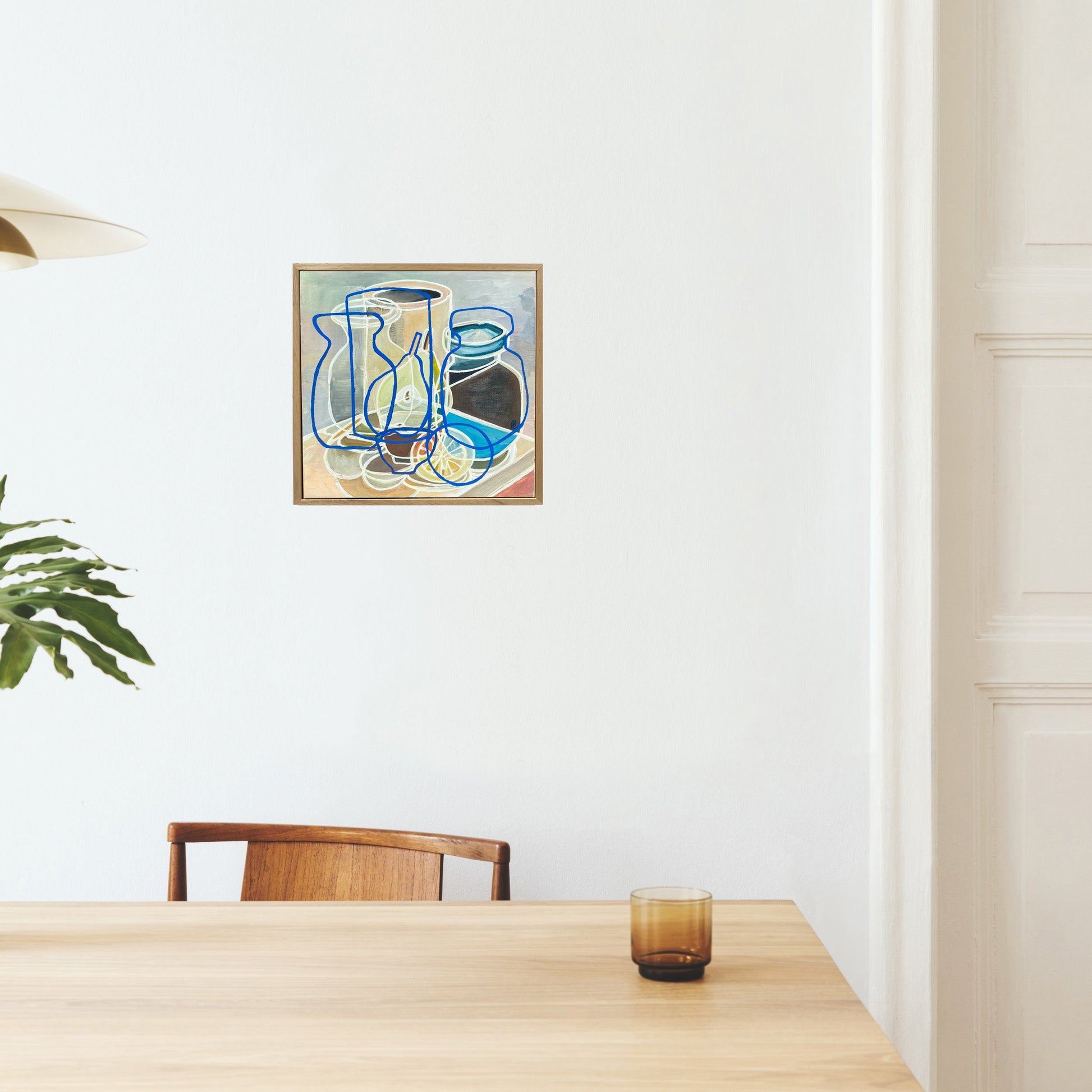 Studio Pottery with Pear and Lemon” by Rebecca Carr – abstract still life painting with pear, lemon, and pottery, featuring soft tones, blue lines, and layered perspectives; chalk paint and acrylic on canvas.