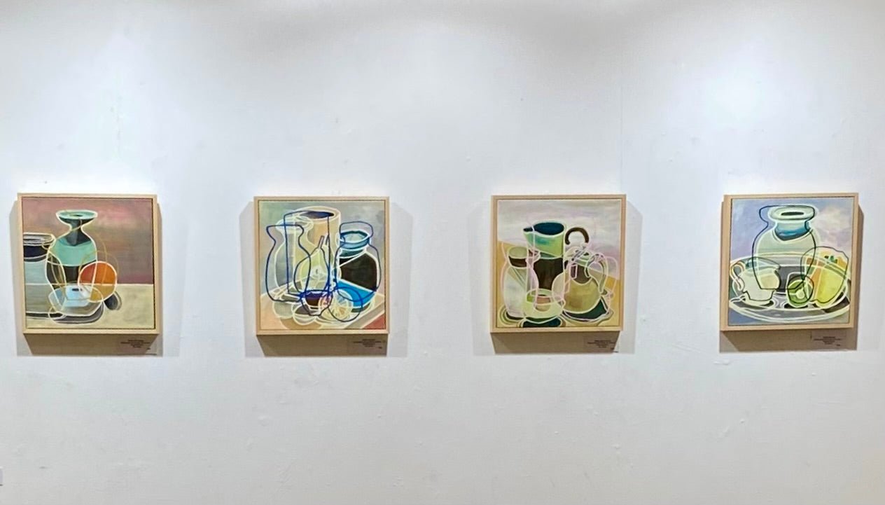 Avocado and Pottery with Pink Line” by Rebecca Carr – abstract still life featuring muted tones, soft forms, and a bold pink line connecting avocado and pottery; chalk paint and acrylic on canvas.