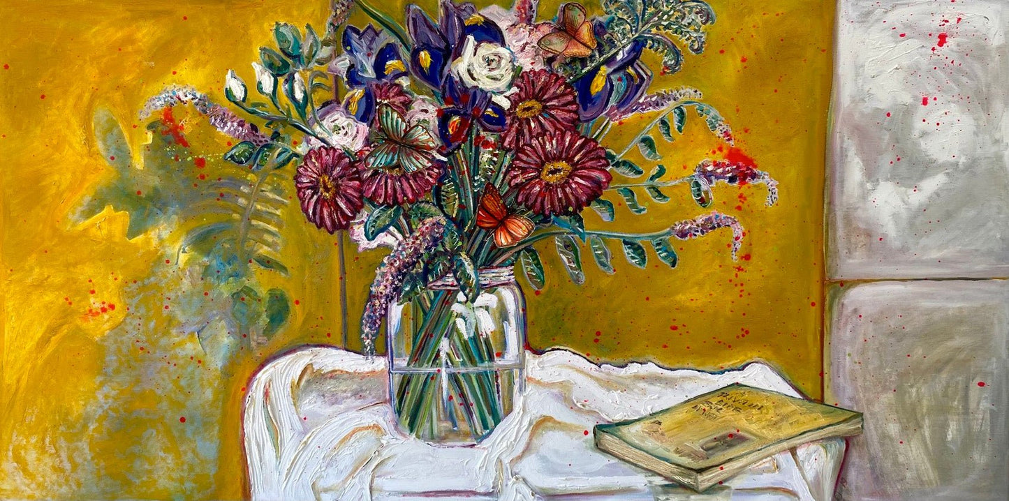 Flowers with butterflies and the unread book - Rebecca Carr Artist