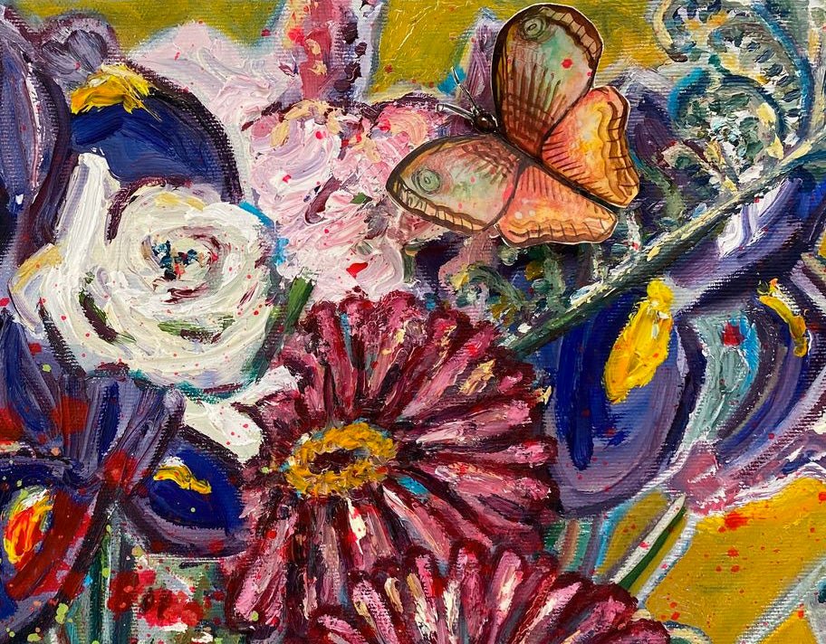 Flowers with butterflies and the unread book - Rebecca Carr Artist