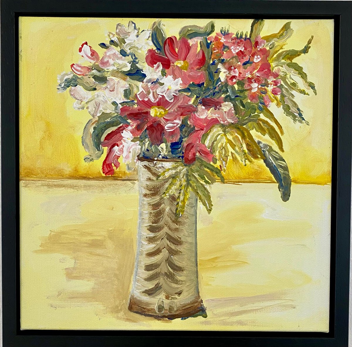 Fluffy and Free Flowers in studio pottery vase yellow background in frame - Rebecca Carr Artist