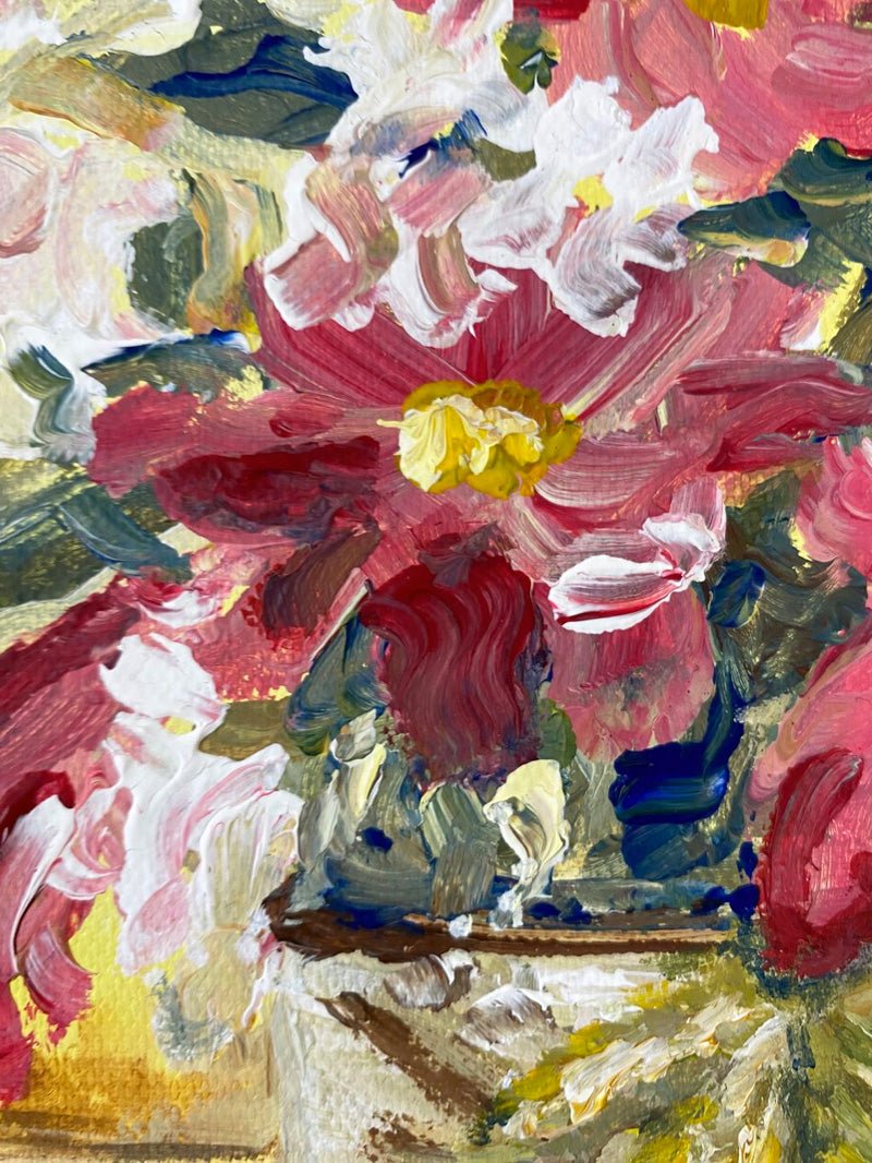 Fluffy and Free Flowers in studio pottery vase yellow background in frame - Rebecca Carr Artist