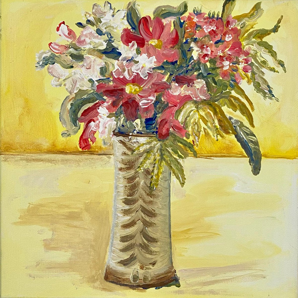 Fluffy and Free Flowers in studio pottery vase yellow background in frame - Rebecca Carr Artist