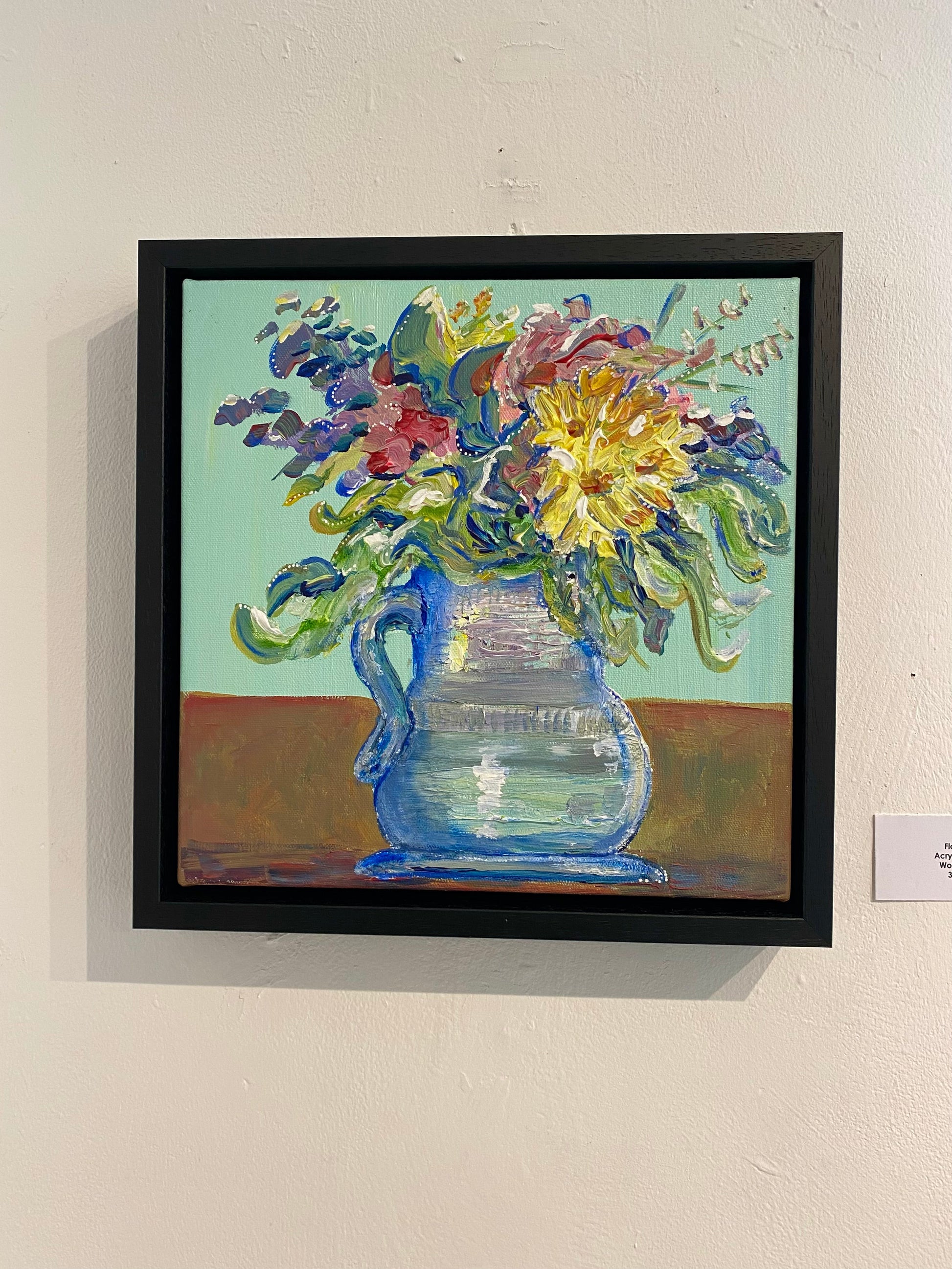 Fluffy and free framed painting flowers in vase mint background - Rebecca Carr Artist