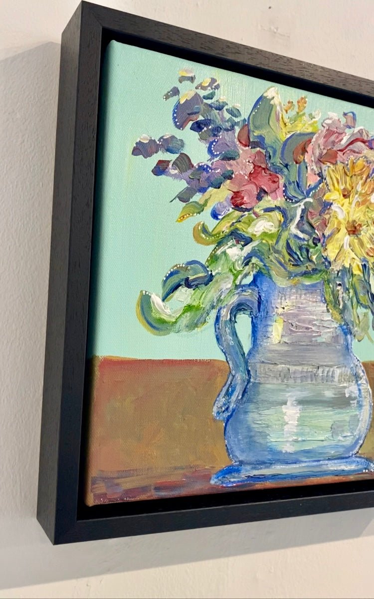 Fluffy and free framed painting flowers in vase mint background - Rebecca Carr Artist