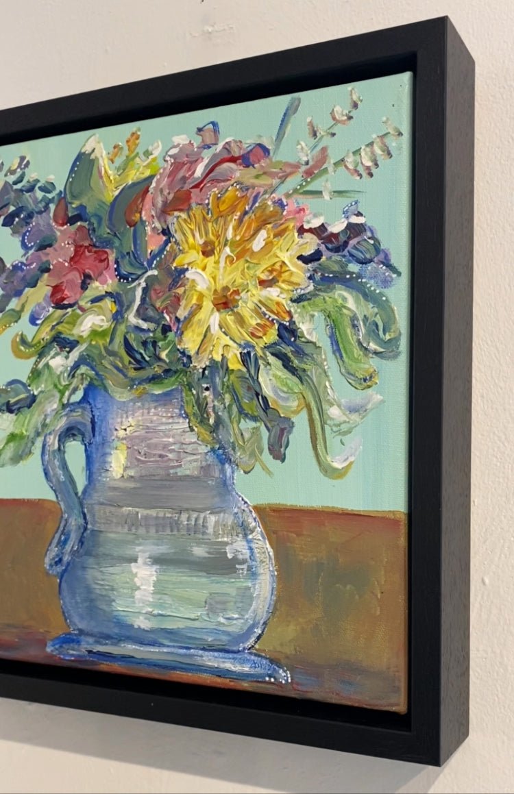 Fluffy and free framed painting flowers in vase mint background - Rebecca Carr Artist