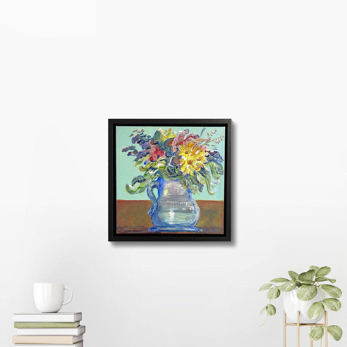 Fluffy and free framed painting flowers in vase mint background - Rebecca Carr Artist
