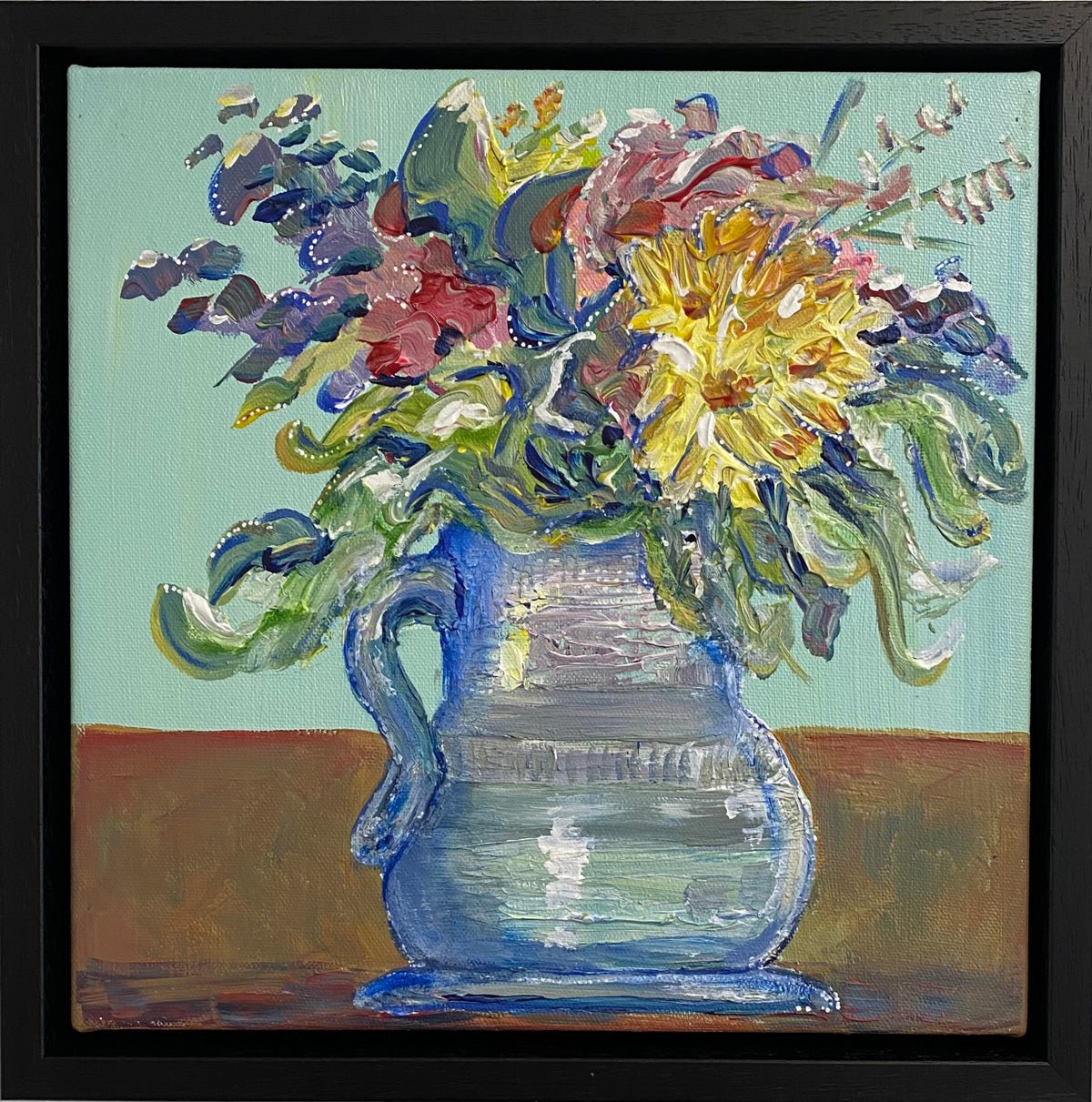 Fluffy and free framed painting flowers in vase mint background - Rebecca Carr Artist
