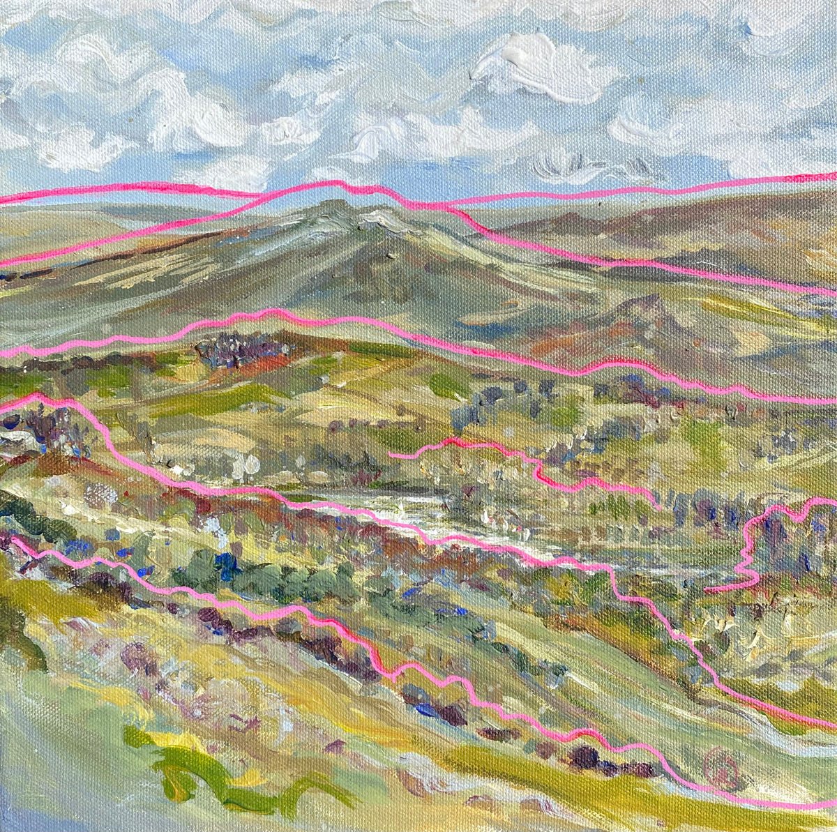 Contemporary acrylic painting of Combs, High Peak with flowing lines, textured grass, and a distant Derbyshire landscape by Rebecca Carr.