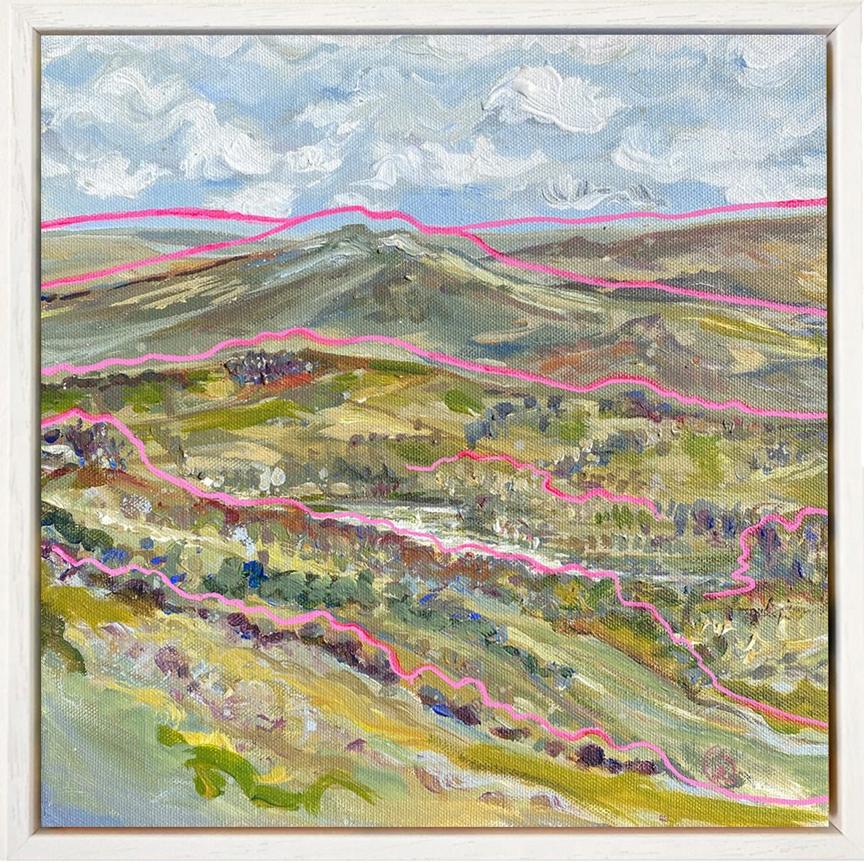 Contemporary acrylic painting of Combs, High Peak with flowing lines, textured grass, and a distant Derbyshire landscape by Rebecca Carr.