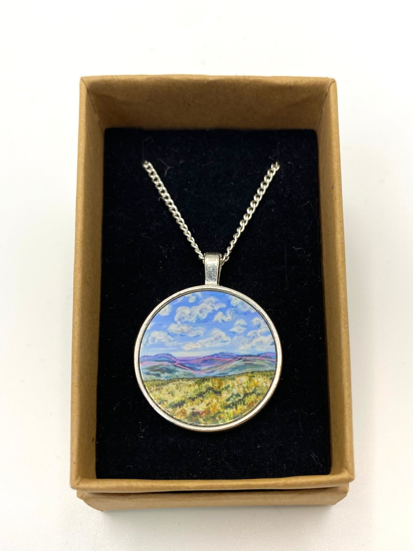 Silver necklace with a round pendant featuring a landscape scene in a brown box.