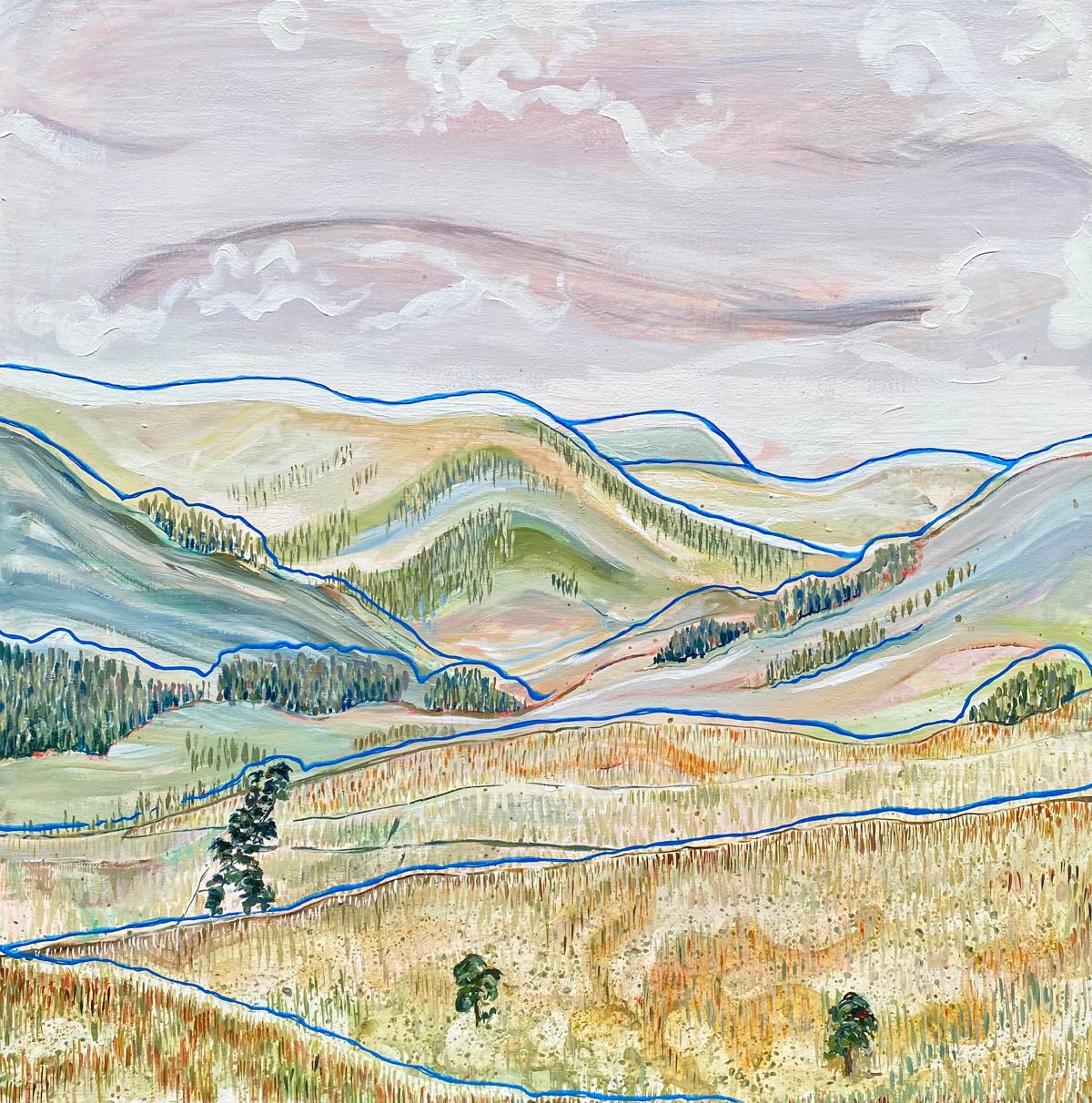 Acrylic and watercolour painting of foggy clouds over the Yorkshire Dales landscape.