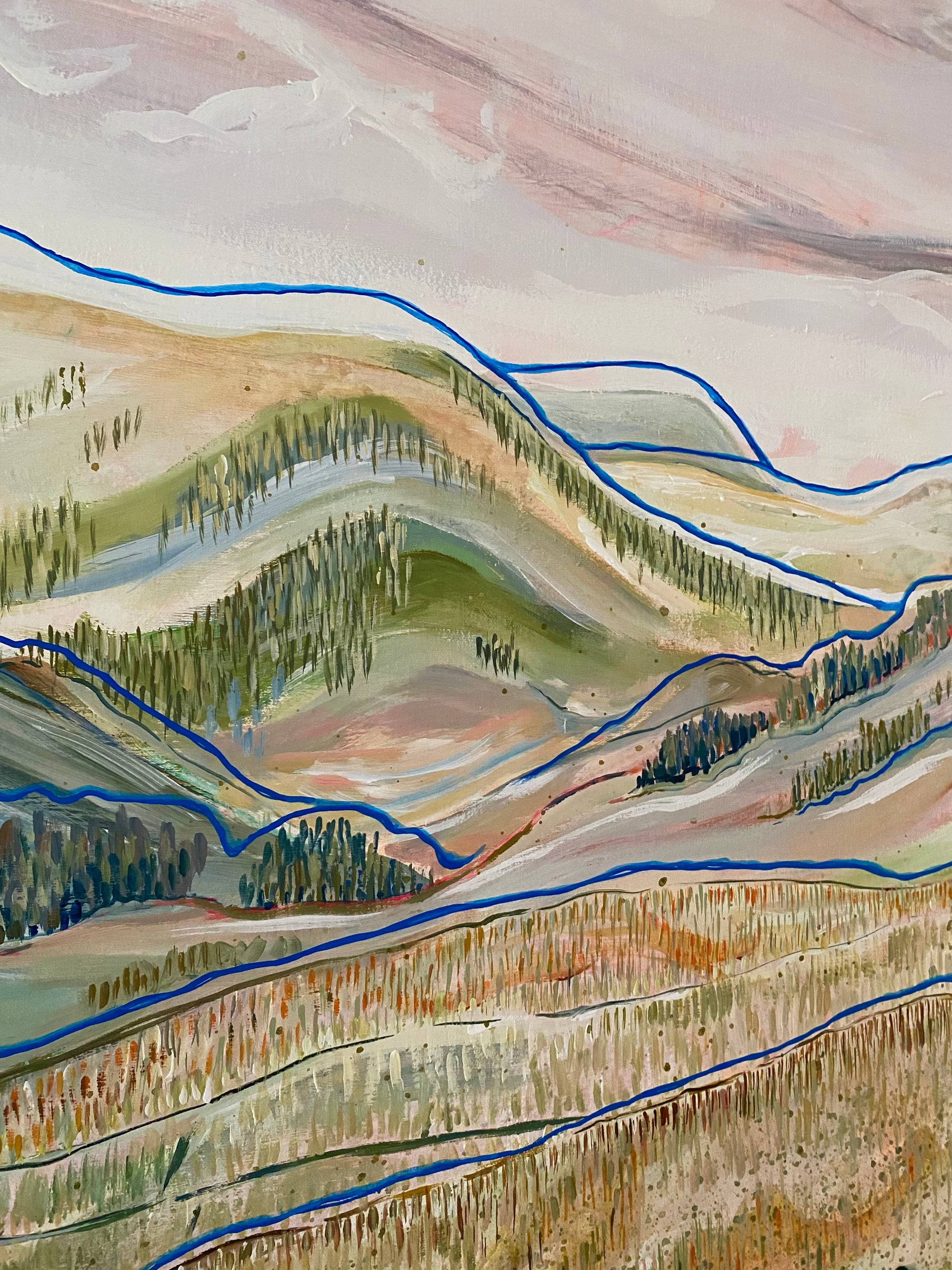 Acrylic and watercolor painting of foggy clouds over the Yorkshire Dales landscape."