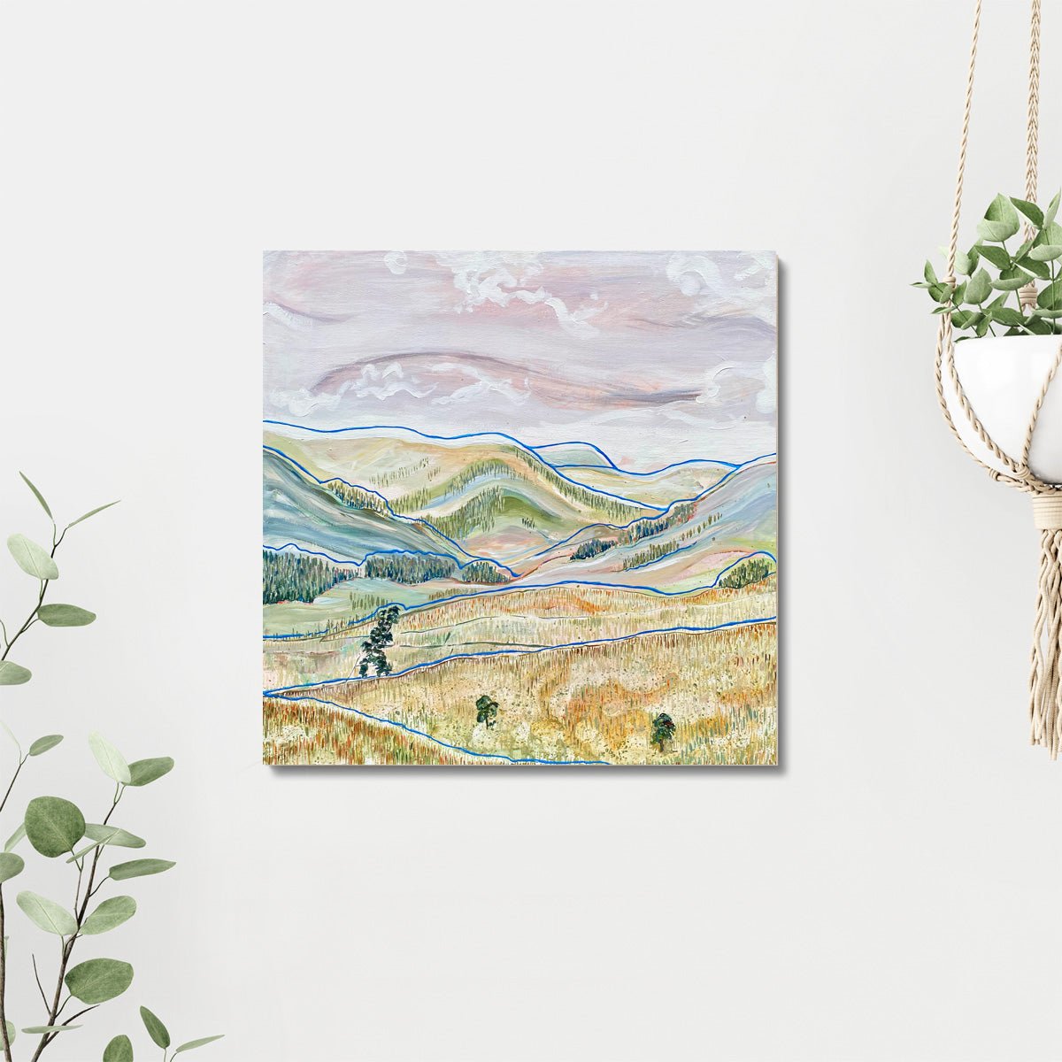 Acrylic and watercolor painting of foggy clouds over the Yorkshire Dales landscape."