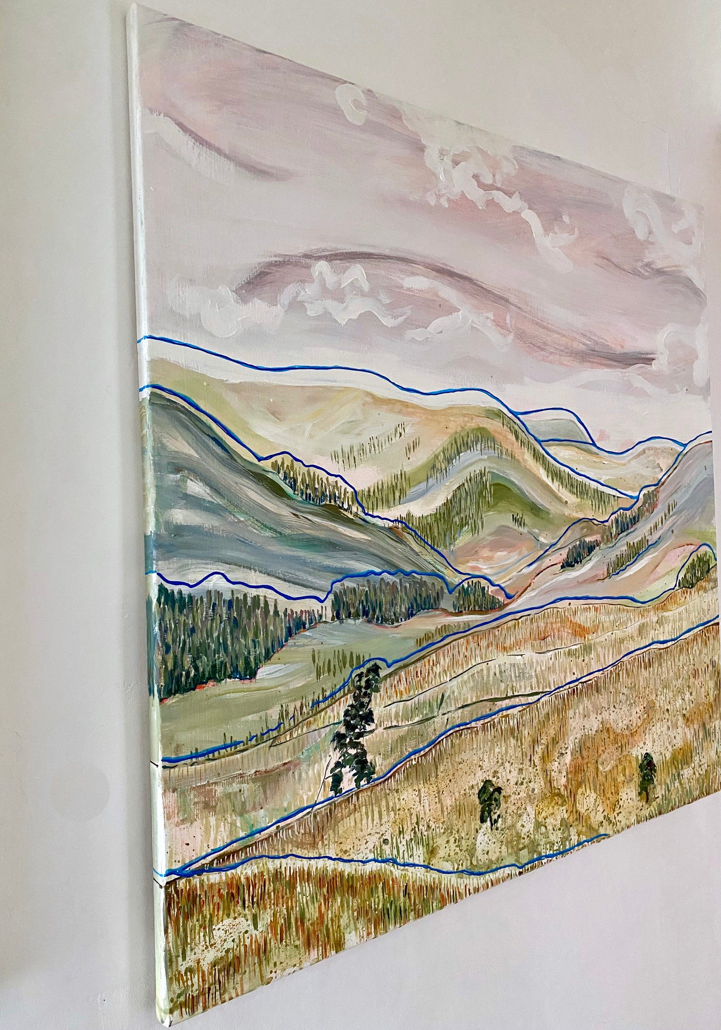 Acrylic and watercolor painting of foggy clouds over the Yorkshire Dales landscape."