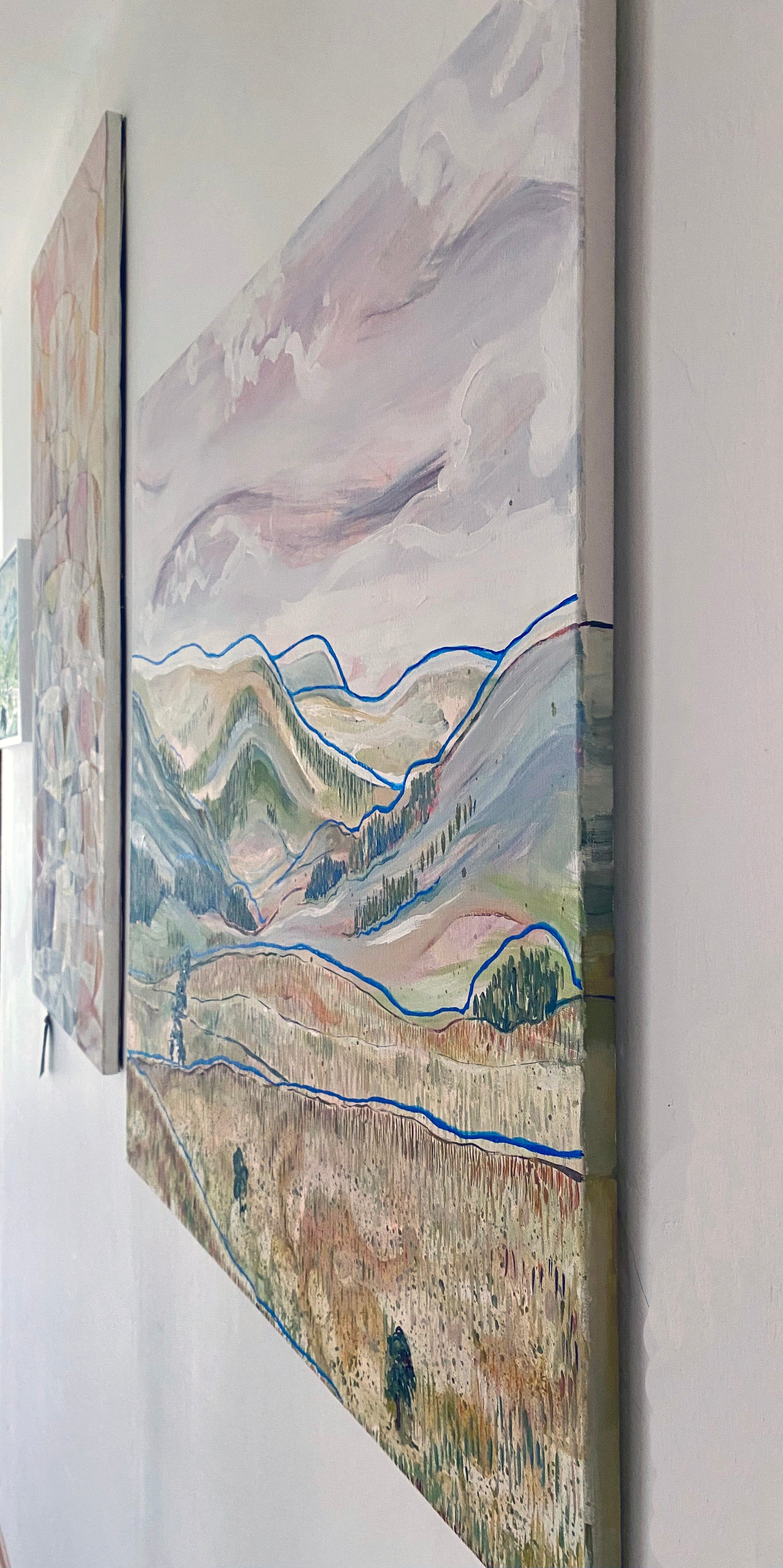 Acrylic and watercolor painting of foggy clouds over the Yorkshire Dales landscape."