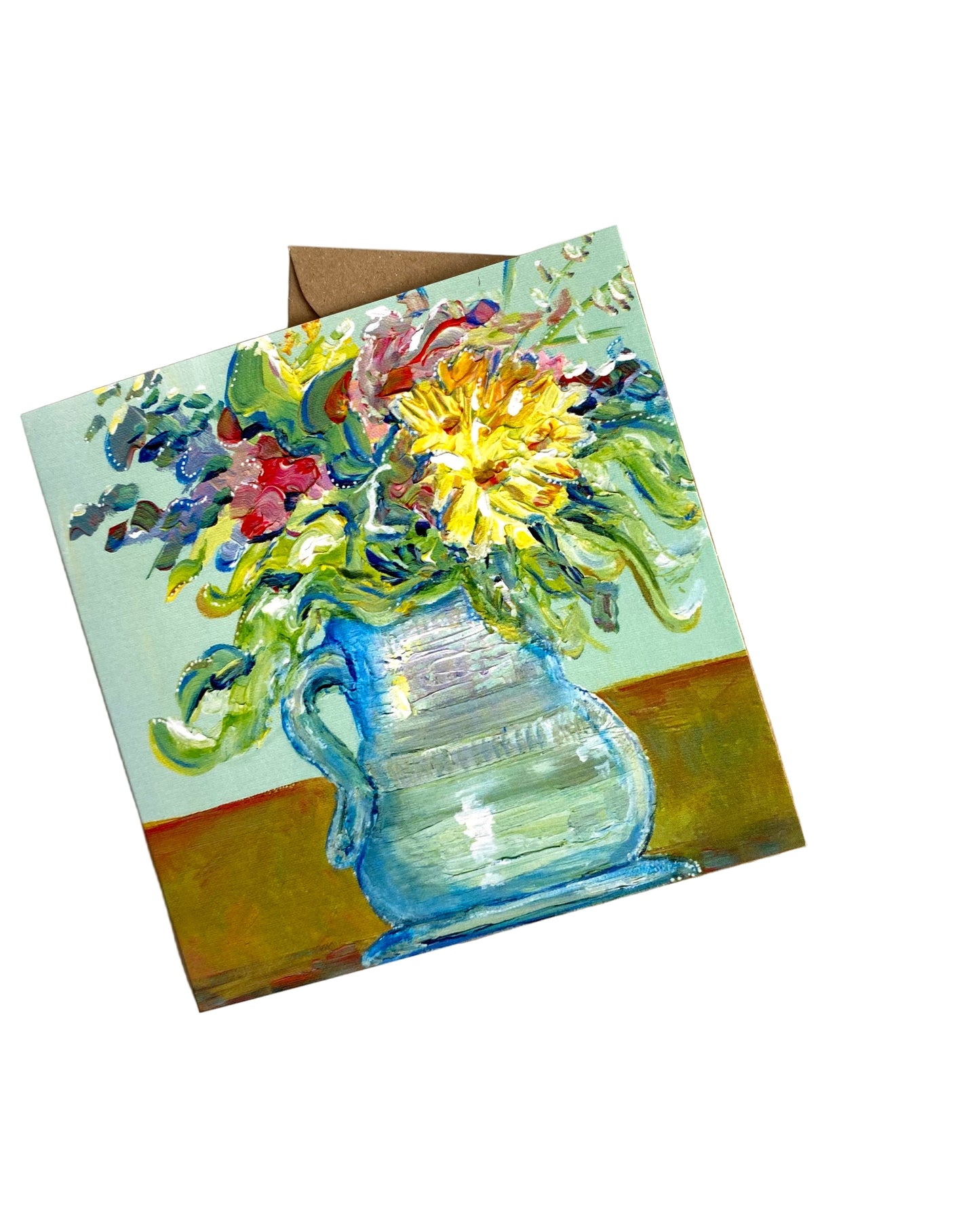 Greeting card by Rebecca Carr with a painting of flowers in a blue vase justacard