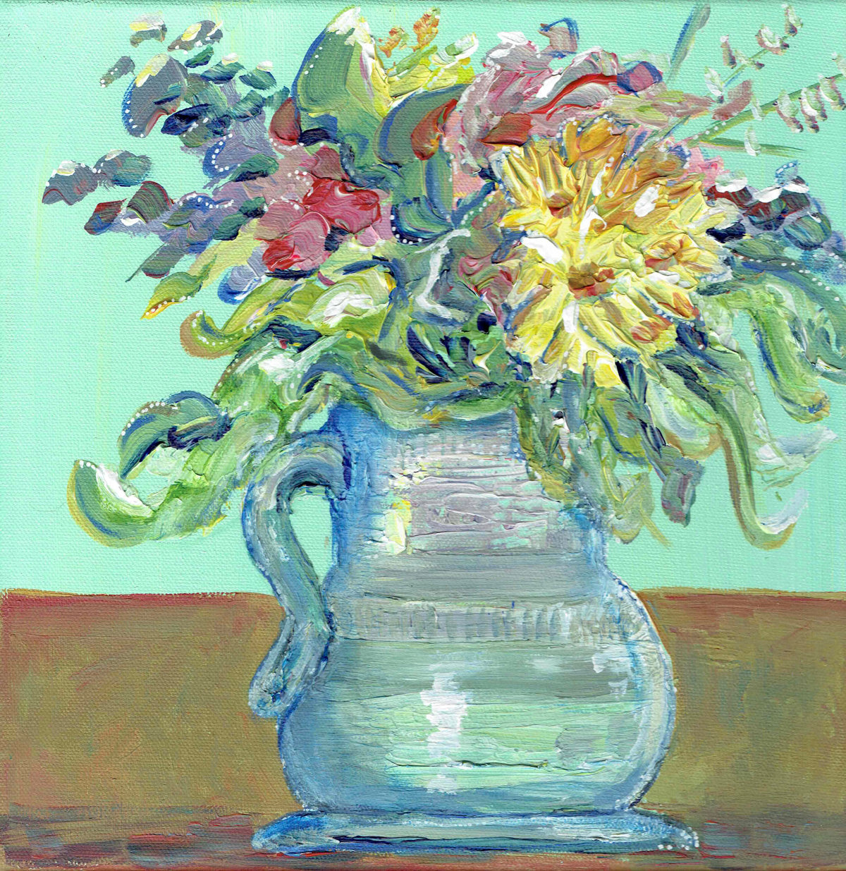 Fluffy and free framed painting flowers in vase mint background