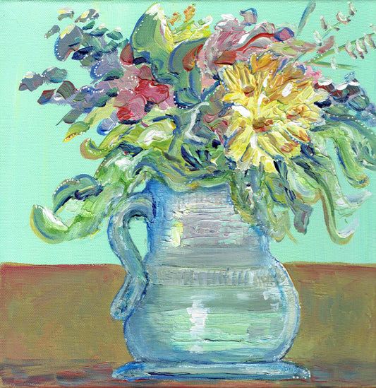 Fluffy and free framed painting flowers in vase mint background