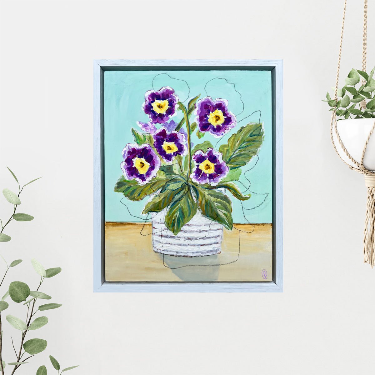 Framed artwork of a potted plant with purple flowers on a light blue background