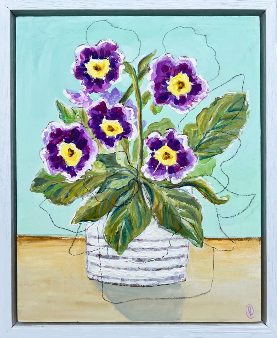 Painting of a vase with purple and yellow flowers on a light blue background