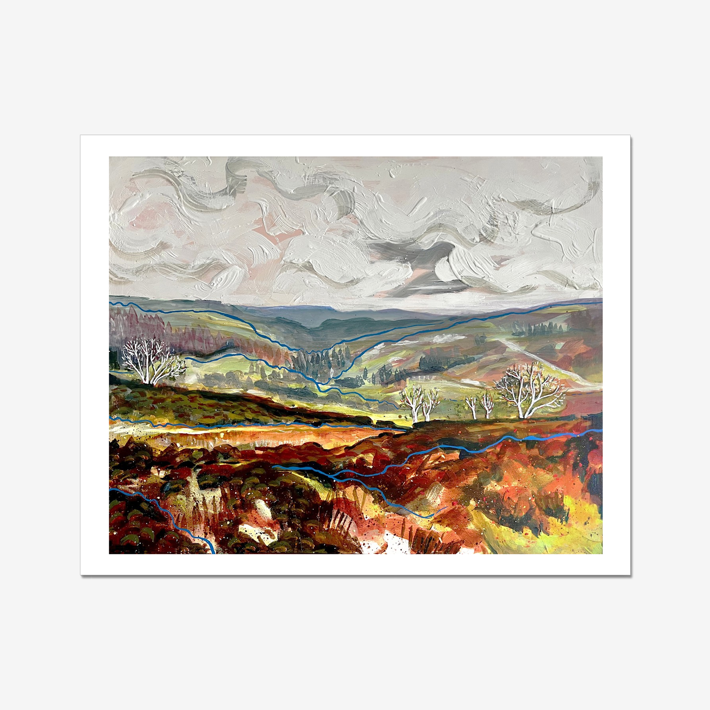 Abstract landscape painting with colorful brush strokes on a white background