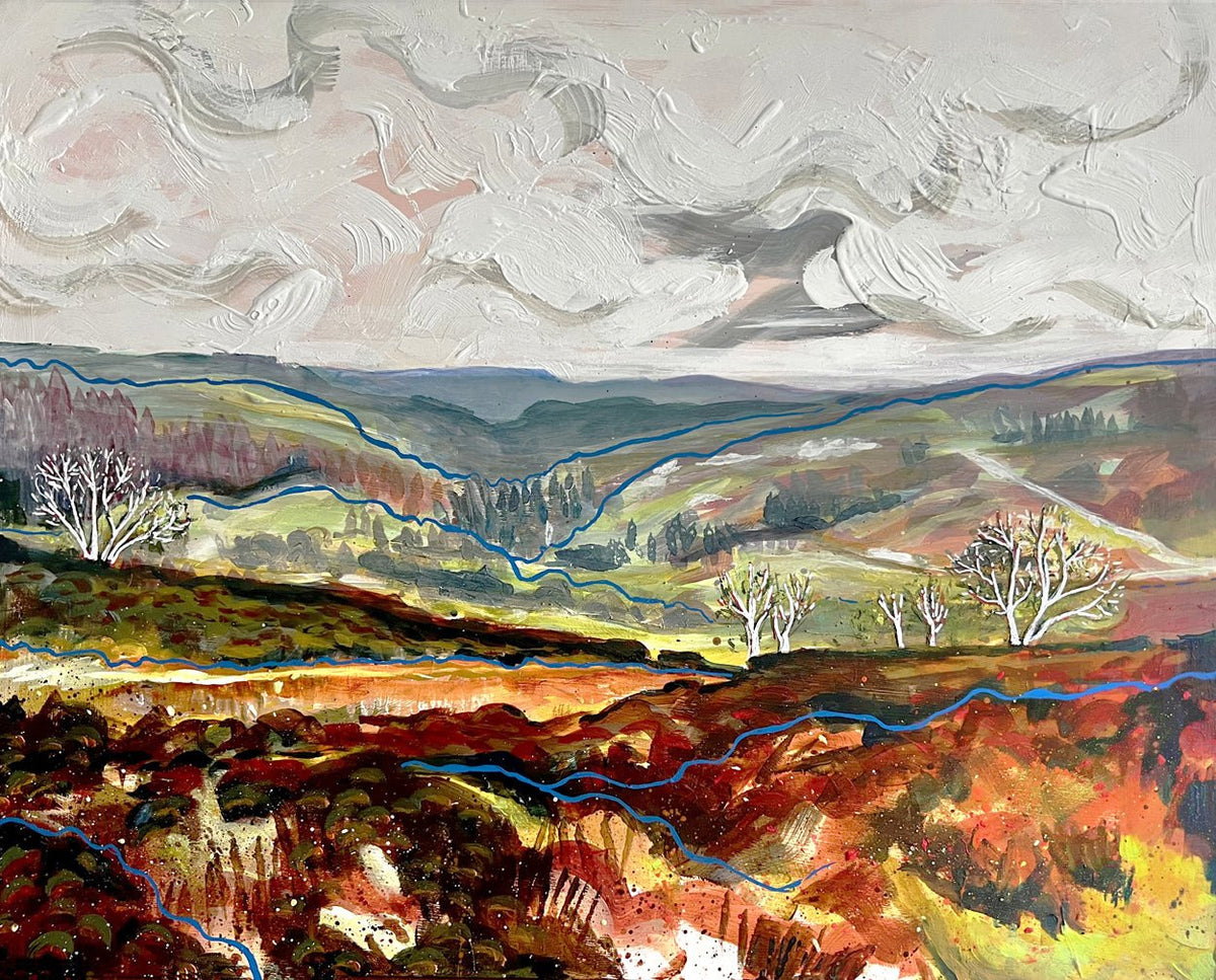 Abstract landscape painting with colorful brush strokes and a sky by Rebecca Carr